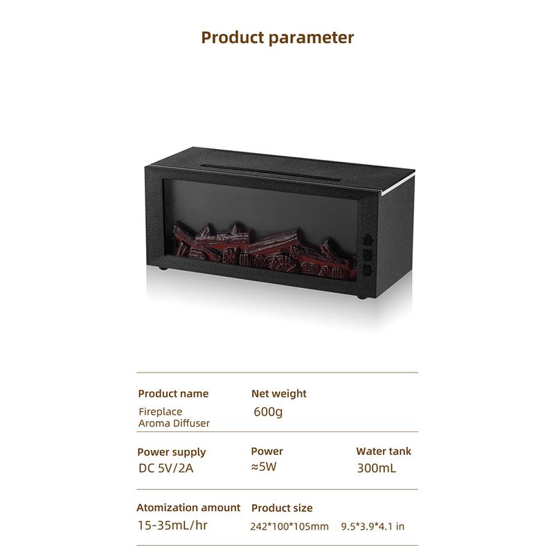 Colorful Flame Fireplace Aroma Diffuser 300ml Waterless Auto-Off Air Humidifier