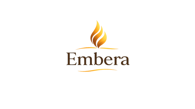 Embera logo with a flame design on a white background